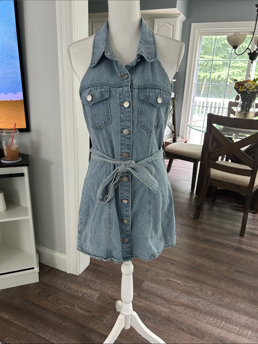 SHEIN Light Blue Denim Halter Mini Dress with Tie Waist